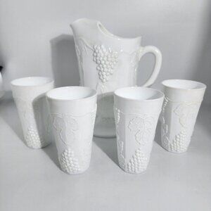 Indiana Milk Glass Colony Harvest Grape Pitcher And Tumblers Set Of 5 Vintage